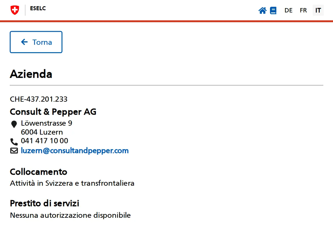 Scheda di Consult & Pepper AG, Lucerna, nell'elenco SECO delle agenzie autorizzate, in italiano: autorizzazione al collocamento per l'attività in Svizzera e transfrontaliera, nessuna autorizzazione per il prestito di personale.