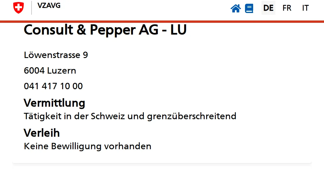 Entry for Consult & Pepper AG in Lucerne in SECO's directory of licensed agencies, showing a placement licence for Switzerland and abroad, and no licence for hiring out staff.