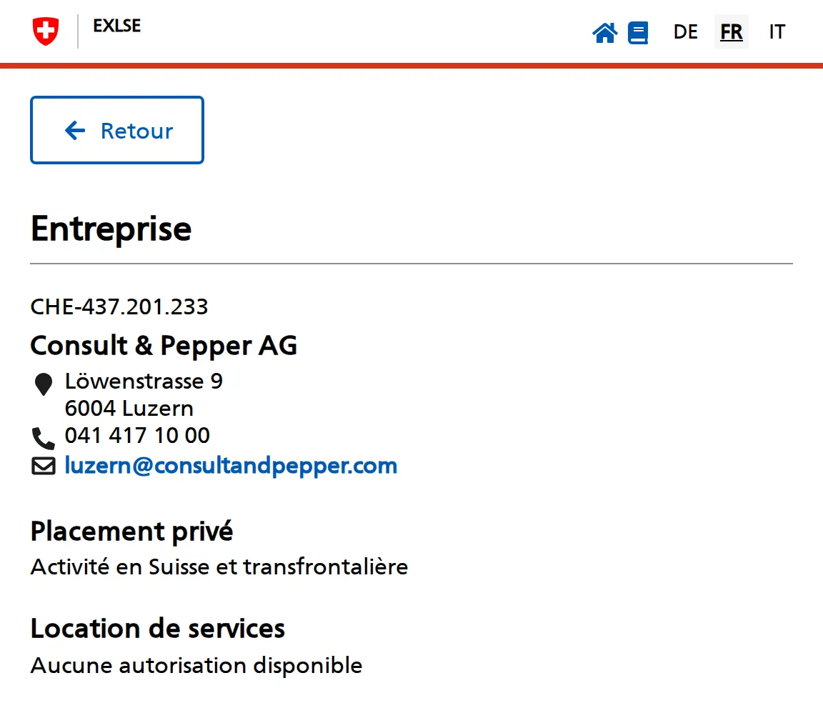 Fiche de Consult & Pepper AG, à Lucerne, dans le répertoire EXLSE du SECO : placement privé autorisé pour une activité en Suisse et transfrontalière, aucune autorisation de location de services.